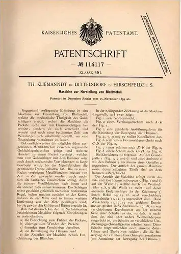 Original Patentschrift - Th. Kliemanndt in Dittelsdorf b. Hirschfelde i.S. , 1899 , Maschine für Blattmetall !!!