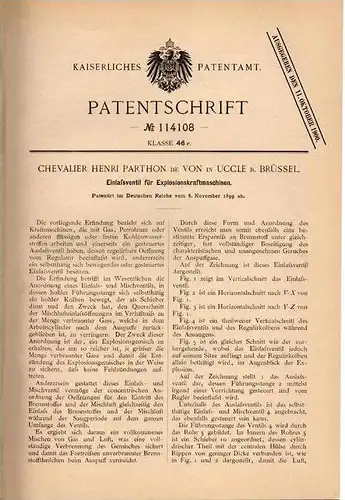 Original Patentschrift - Chevalier Parton de Von in Uccle b. Brüssel , 1899 , Ventil für Motor , Automobile !!!