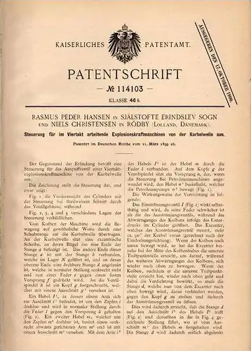 Original Patentschrift - R. Hansen in Sjästofte Erindslev Sogn und Rödby , Lolland , 1899 , Steuerung - Viertaktmotor !