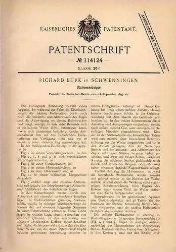 Original Patentschrift - R. Bürk in Schwenningen , 1899 , Stationsanzeiger , Bahn , Eisenbahn , Bahnhof , Station !!!