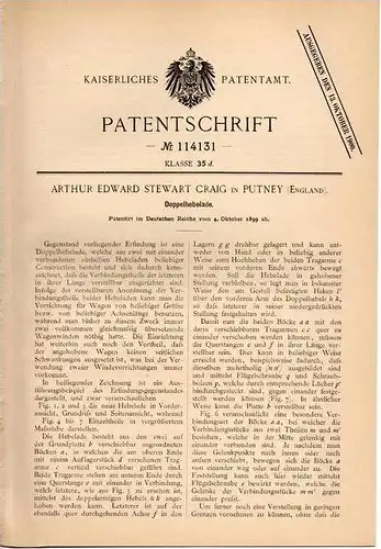 Original Patentschrift - A. Craig in Putney , England , 1899 , Doppelhebelade !!!