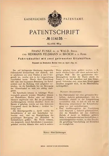 Original Patentschrift - F. Funke in Wald , Rhld. und Broich a.d. Ruhr , 1899 , Fahrradsattel , Sattel für Fahrrad !!!