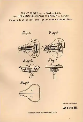 Original Patentschrift - F. Funke in Wald , Rhld. und Broich a.d. Ruhr , 1899 , Fahrradsattel , Sattel für Fahrrad !!!