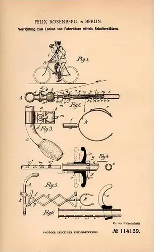 Original Patentschrift - F. Rosenberg in Berlin , 1899 , Fahrrad - Lenkung mit Schulterstützen !!!