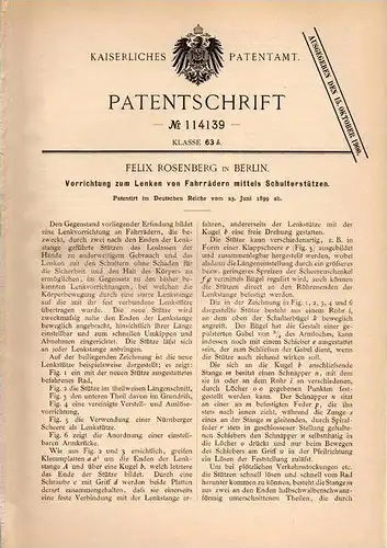 Original Patentschrift - F. Rosenberg in Berlin , 1899 , Fahrrad - Lenkung mit Schulterstützen !!!