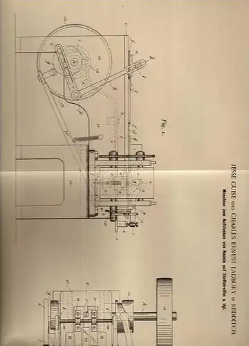 Original Patentschrift - J. Guise und C. Ladbury in Redditch , 1900 ., Maschine für Nadeln auf Stoffstreifen !!!