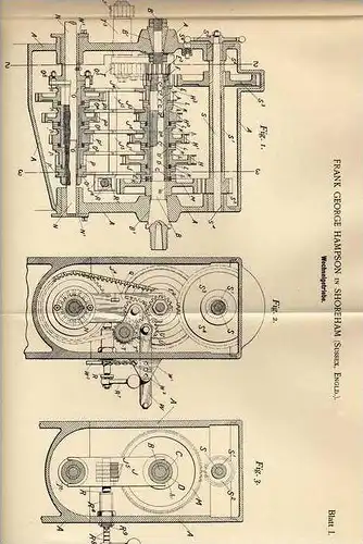 Original Patentschrift - F. Hampson in Shoreham , Sussex , 1898 , Getriebe , Wechselgetriebe für Automobile !!!