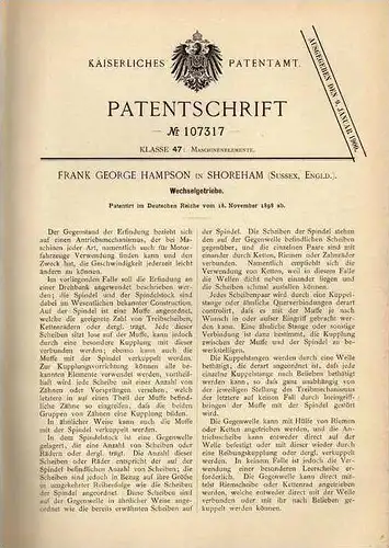 Original Patentschrift - F. Hampson in Shoreham , Sussex , 1898 , Getriebe , Wechselgetriebe für Automobile !!!