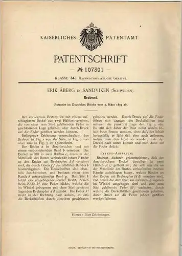 Original Patentschrift - A. Äberg in Sandviken , Schweden , 1899 , Bratrost  !!!