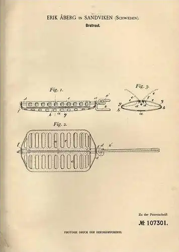 Original Patentschrift - A. Äberg in Sandviken , Schweden , 1899 , Bratrost  !!!