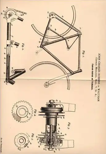 Original Patentschrift - J. Robbins in Waltham , Middlesex , USA , 1899 . Fahrrad - Antrieb mit Trethebeln !!!