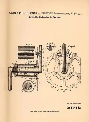 Original Patentschrift - G. Jones in Hampden , Massachus., USA , 1899 , Kurbelachse für Fahrräder , Fahrrad !!!