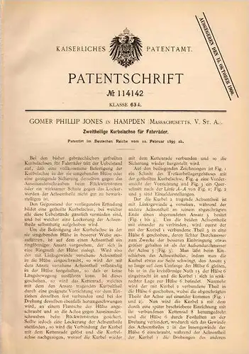 Original Patentschrift - G. Jones in Hampden , Massachus., USA , 1899 , Kurbelachse für Fahrräder , Fahrrad !!!