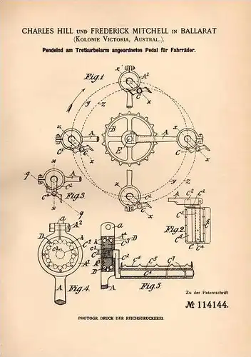 Original Patentschrift - C. Hill in Ballarat , Kolonie Victoria , Australien , 1899 , Pedal für Fahrräder , Fahrrad !!!