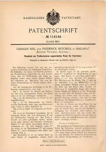 Original Patentschrift - C. Hill in Ballarat , Kolonie Victoria , Australien , 1899 , Pedal für Fahrräder , Fahrrad !!!