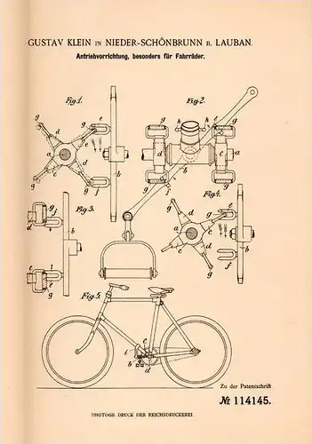 Original Patentschrift - G. Klein in Nieder Schönbrunn b. Lauban , 1900 , Antrieb für Fahrräder , Fahrrad !!!