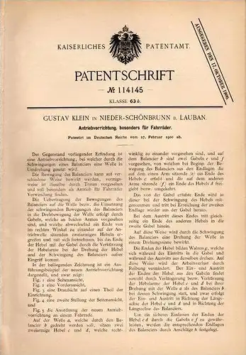 Original Patentschrift - G. Klein in Nieder Schönbrunn b. Lauban , 1900 , Antrieb für Fahrräder , Fahrrad !!!