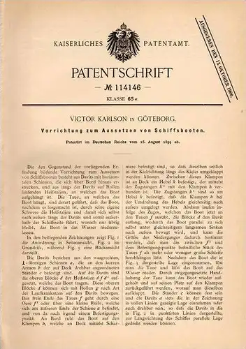 Original Patentschrift - V. Karlson in Göteborg , 1899 , Aussetzen von Schiffsbooten , Schiff , Boot , Rettungsboot !!!