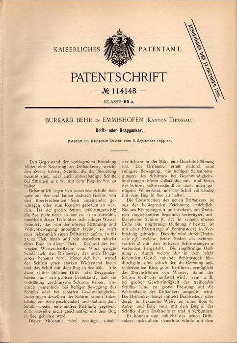 Original Patentschrift - B. Behr In Emmishofen , Kanton Thurgau , 1899 ...