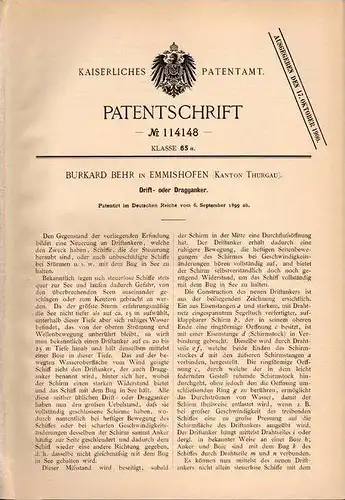 Original Patentschrift - B. Behr in Emmishofen , Kanton Thurgau , 1899 , Anker , Drift- und Dragganker , Schiffe !!!