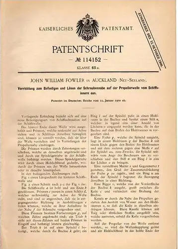 Original Patentschrift - J. Fowler in Auckland , Neuseeland , 1900 , Vorrichtung für Propellerwellen von Schiffen !!!