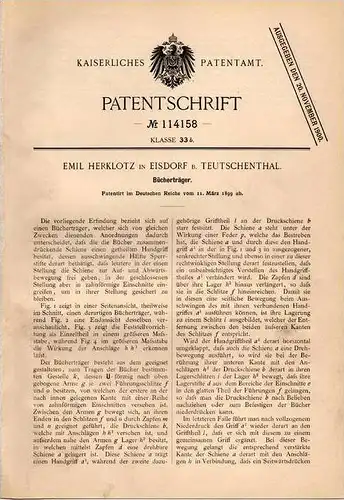 Original Patentschrift - E. Herklotz in Eisdorf b. Teutschenthal , 1899 , Bücherträger !!!