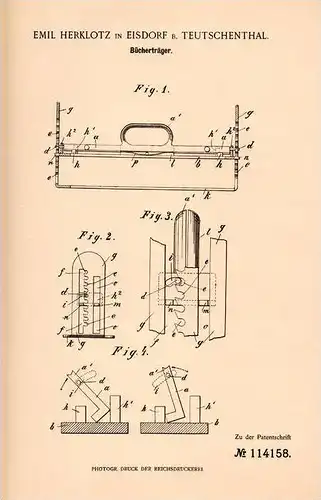 Original Patentschrift - E. Herklotz in Eisdorf b. Teutschenthal , 1899 , Bücherträger !!!