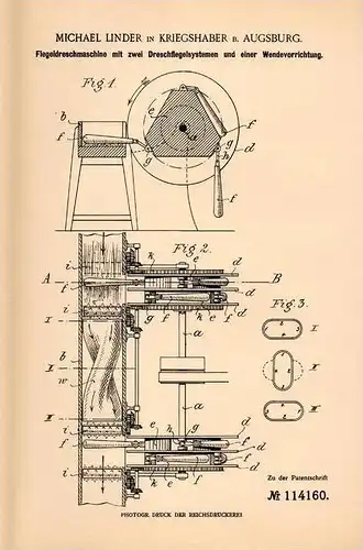 Original Patentschrift - M. Linder in Kriegshaber b. Augsburg , 1899 , Flegel - Dreschmaschine , Landwirtschaft !!!