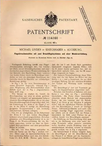 Original Patentschrift - M. Linder in Kriegshaber b. Augsburg , 1899 , Flegel - Dreschmaschine , Landwirtschaft !!!