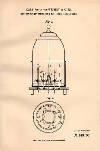 Original Patentschrift - Carl Ritter von Wessely in Wien , 1903 , Zerstäuber für Inhalation , Heilmittel !!!