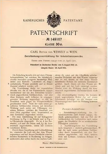 Original Patentschrift - Carl Ritter von Wessely in Wien , 1903 , Zerstäuber für Inhalation , Heilmittel !!!