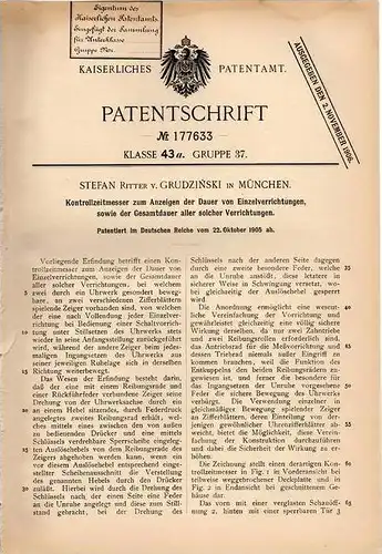 Original Patentschrift - S. Ritter v. Grudzinski in München , 1905 , Kontrollzeitmesser !!!