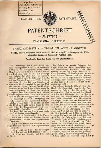 Original Patentschrift - F. Angerstein in Ober - Ricklingen b. Hannover , 1905 , Schloß mit Querriegel !!!