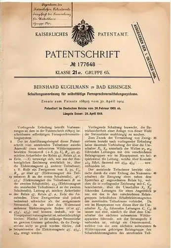 Original Patentschrift - B. Kugelmann in Bad Kissingen , 1905 , Fernsprech - Schaltung , Fernsprecher !!!