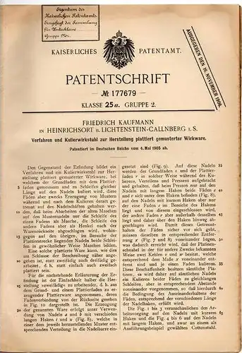 Original Patentschrift - F. Kaufmann in Heinrichsort b. Lichtenstein - Callnberg i.S., 1905 , Herstellung v. Musterware