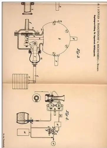 Original Patentschrift - A. Löffler in Franzendorf b. Reichenber , 1899 , Regler für Abfüllapparat !!!