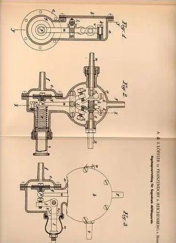 Original Patentschrift - A. Löffler in Franzendorf b. Reichenber , 1899 , Regler für Abfüllapparat !!!