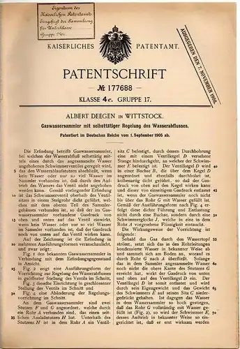 Original Patentschrift - A. Deegen in Wittstock , 1905 , Gaswassersammler  !!!
