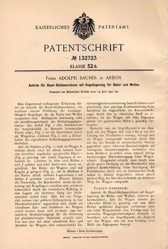 Original Patentschrift - Firma A. Saurer in Arbon , Schweiz , 1901 , Antrieb für Stickmaschinen , Stickerei !!!
