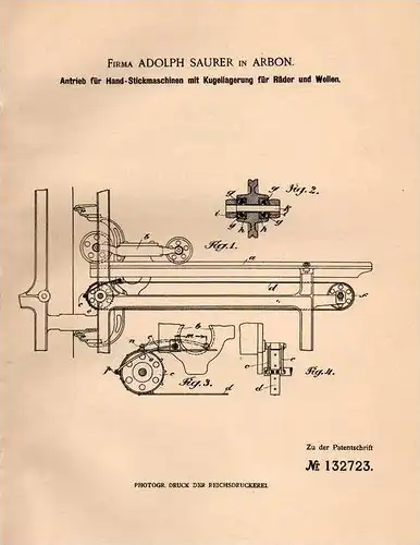 Original Patentschrift - Firma A. Saurer in Arbon , Schweiz , 1901 , Antrieb für Stickmaschinen , Stickerei !!!