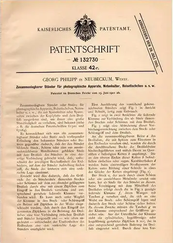 Original Patentschrift - G- Philipp in Neubeckum / Beckum , Westf., 1901 , Ständer für Photographie und Notenhalter !!!
