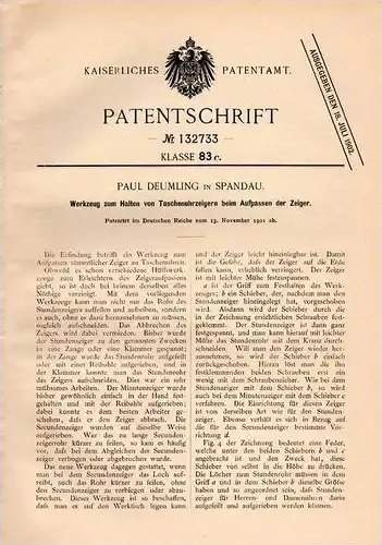 Original Patentschrift - P. Demling in Spandau , 1901 , Werkzeug für Taschenuhr , Uhrmacher , Uhr !!!