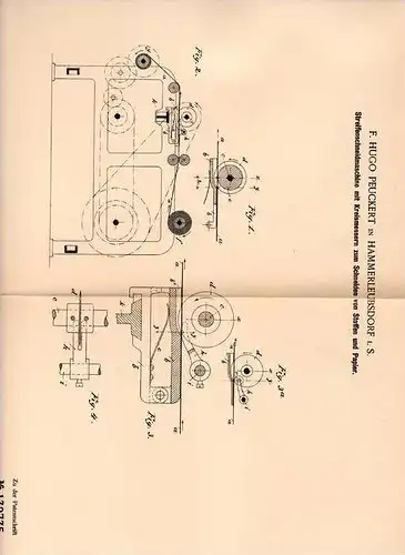 Original Patentschrift - H. Peuckert in Hammerleubsdorf i.S., 1901 , Streifenschneidmaschine mit Kreismessern für Stoffe