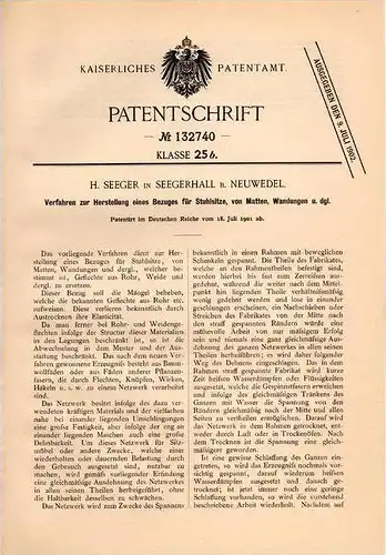 Original Patentschrift - H. Seeger in Seegerhall b. Neuwedel , 1901 , Herstellung von Bezug für Stühle und Matten !!!