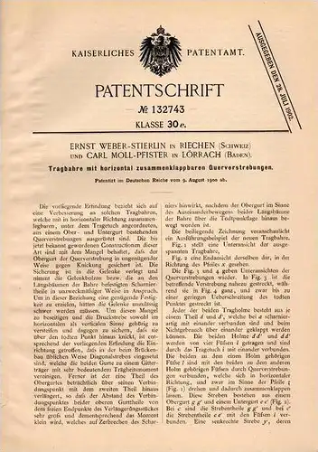 Original Patentschrift - E. Weber-Stierlin in Riechen und Lörrach , 1900 , Tragbahre , Bahre , Trage !!!