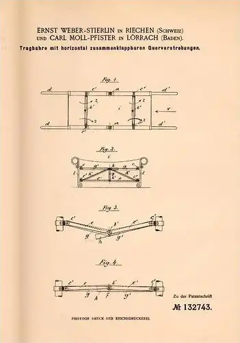 Original Patentschrift - E. Weber-Stierlin in Riechen und Lörrach , 1900 , Tragbahre , Bahre , Trage !!!