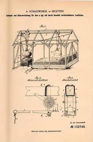 Original Patentschrift - A. Schadwinkel in Regitten / Rogity , 1901 , Apparat für Heu , Agrar , Kaliningrad !!!