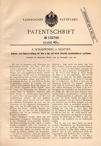 Original Patentschrift - A. Schadwinkel in Regitten / Rogity , 1901 , Apparat für Heu , Agrar , Kaliningrad !!!