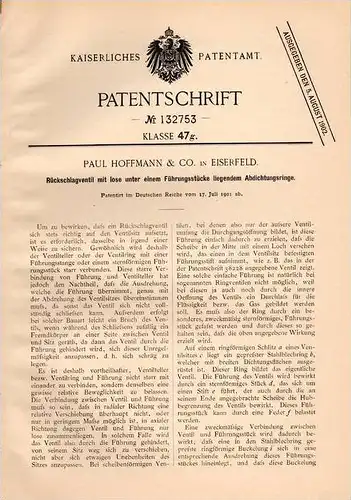 Original Patentschrift - P. Hoffmann & Co in Eiserfeld b. Siegen  , 1901 , Rückschlagventil !!!