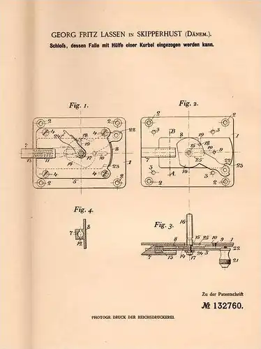 Original Patentschrift - G. Lassen in Skipperhust , Dänemark , 1901 , Schloß mit Kurbel !!!